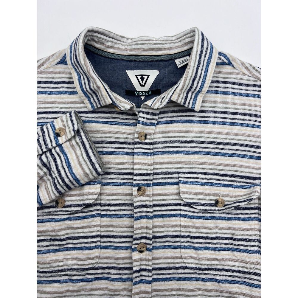 Vissla Mens Shirt Medium Beige Blue White Flannel Button Plaid Cotton‎ Logo Surf